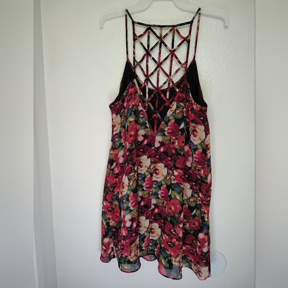 Forever21 openback lattice strappy back camisole floral roses chiffon dress Sz M - Picture 11 of 12